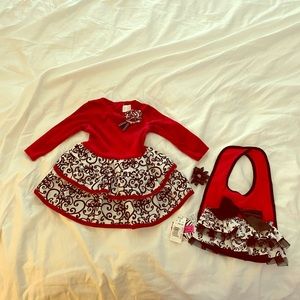 EUC red, black, white dress, bib, and hair clip
